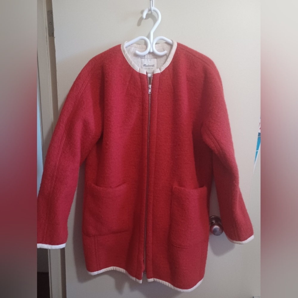 Madewell Faux Shearling Lined Red Cocoon Zip Up Wool Blend Coat Jacket Sz L
